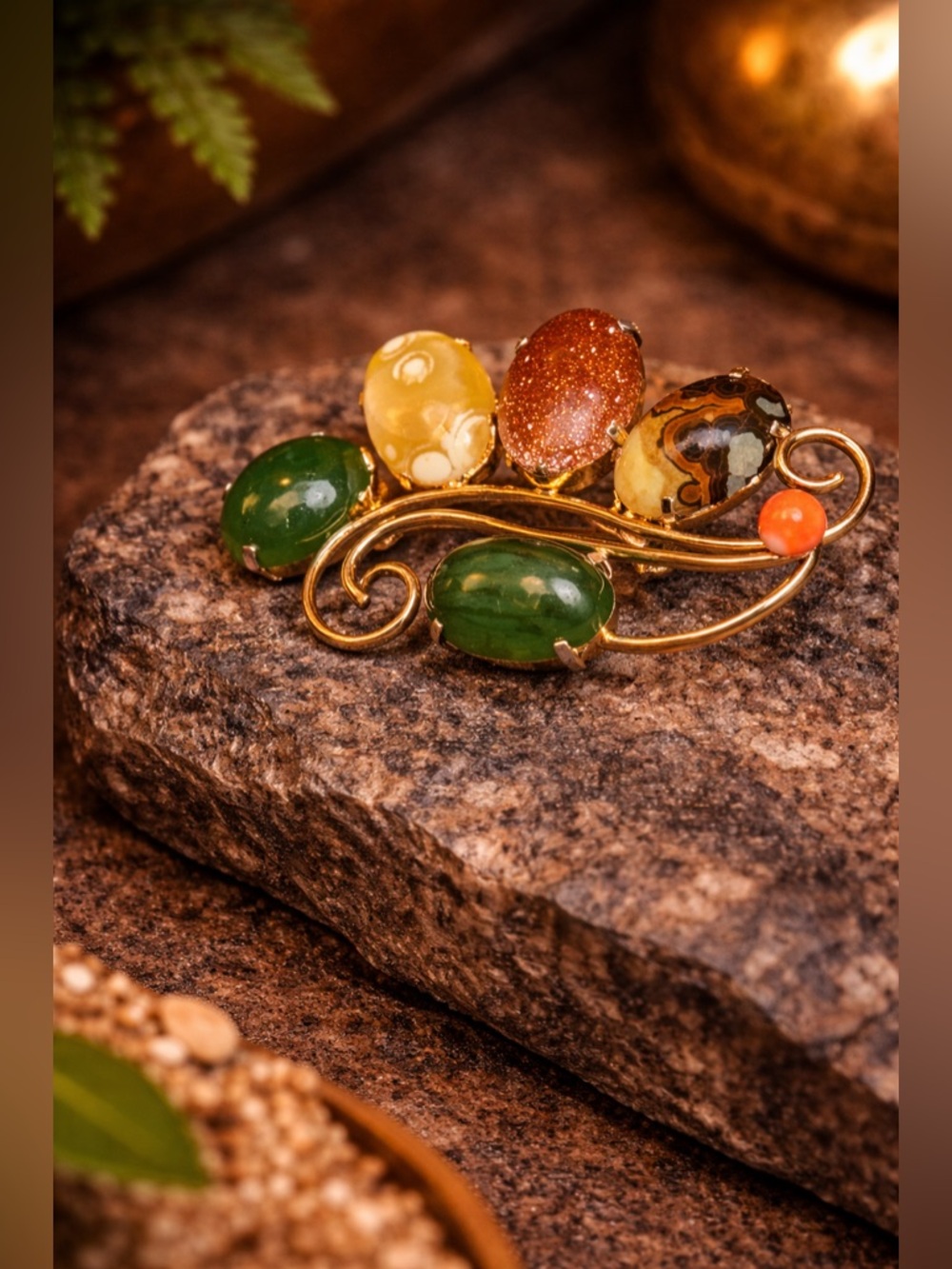 Vintage Gold Tone Multi Stone Brooch  Statement Pin • Green Agate Gold Stone